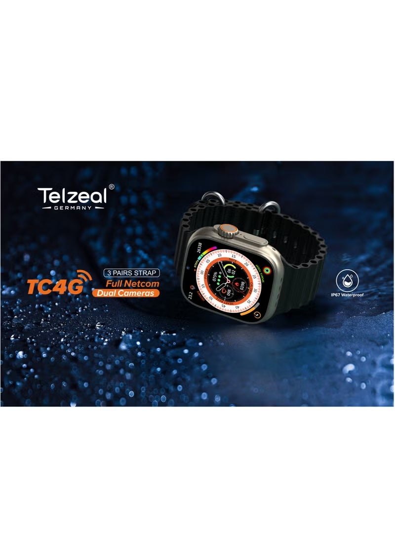 Telzeal TC4G Full Screen Smart Watch with Dual Camera & SIM Card Support, Water-Resistant Touch Display, Full Netcom Connectivity, 3 Interchangeable Straps & Wireless Charger (Black) - Image 2